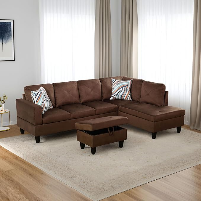 Linen L Shaped Sectional Couches with Storage Ottoman,3-Piece Living Room Sofa Set