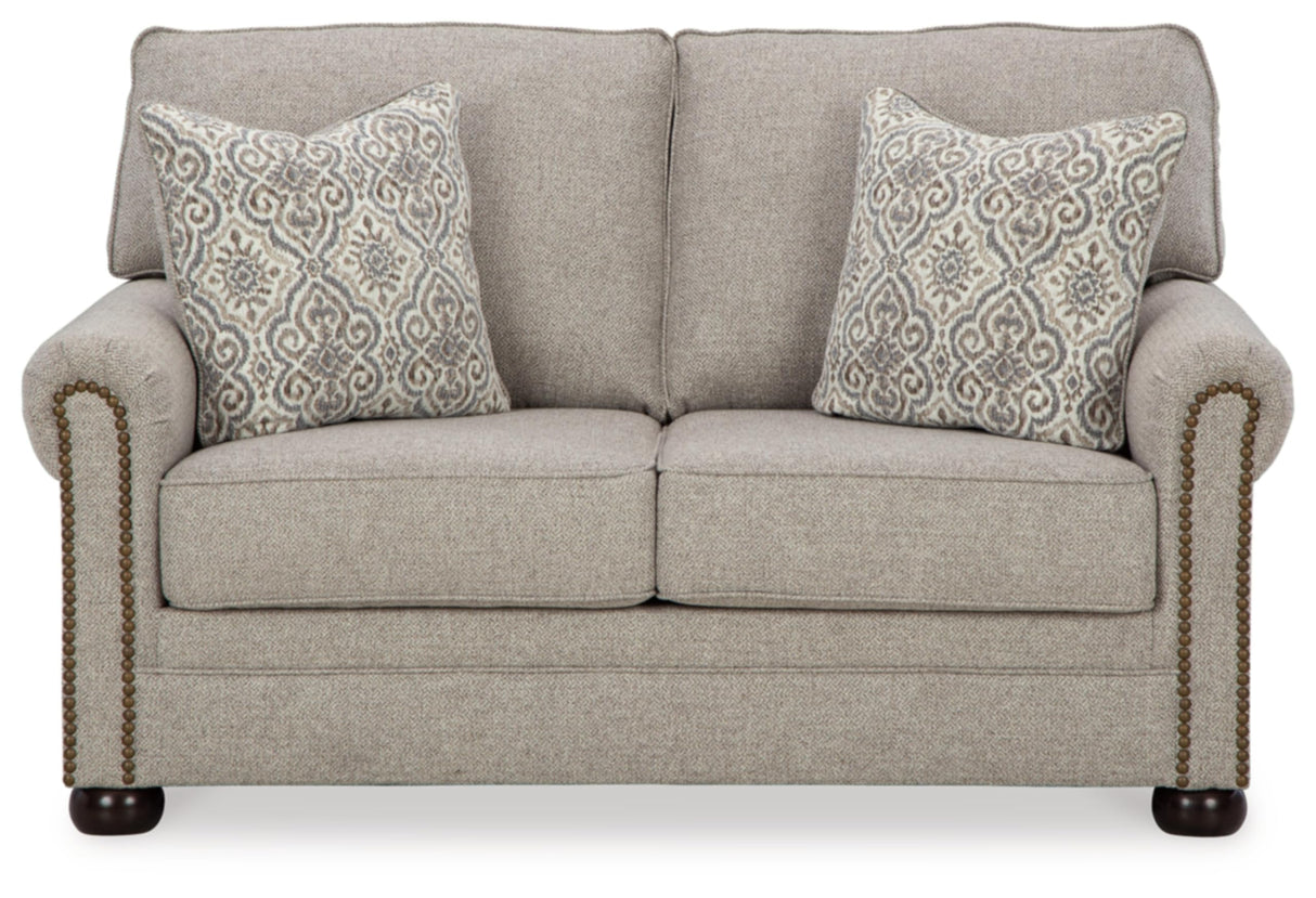 Gaelon Transitional Loveseat with Nailheads and 2 Accent Pillows, Beige