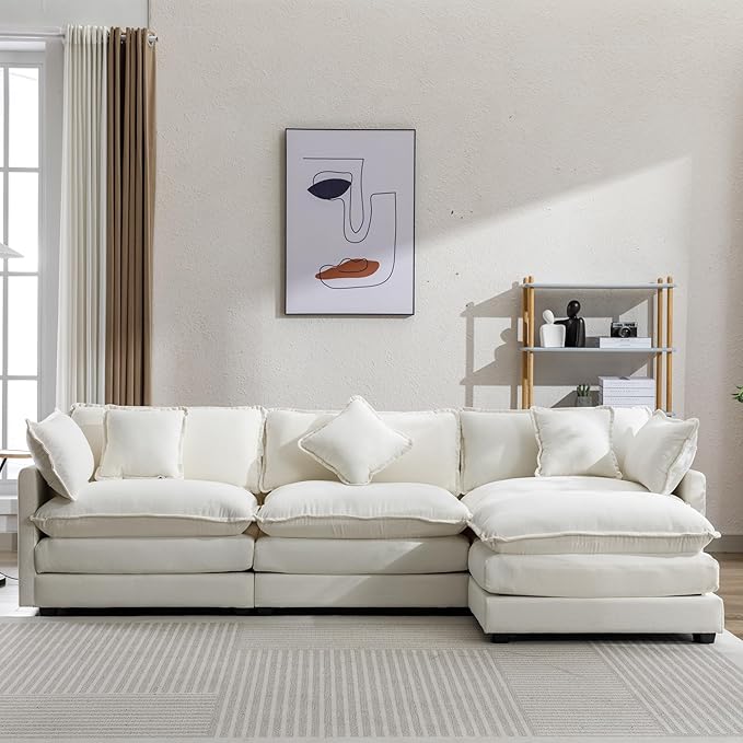 L-Shape Chenille Upholstered Sofa with 5 Pillows, Modern Luxury Sofa