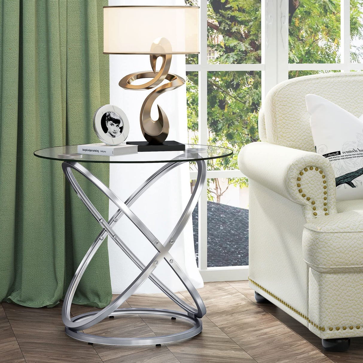 Glass Round End Table, Modern Contemporary Side Table for Small Space