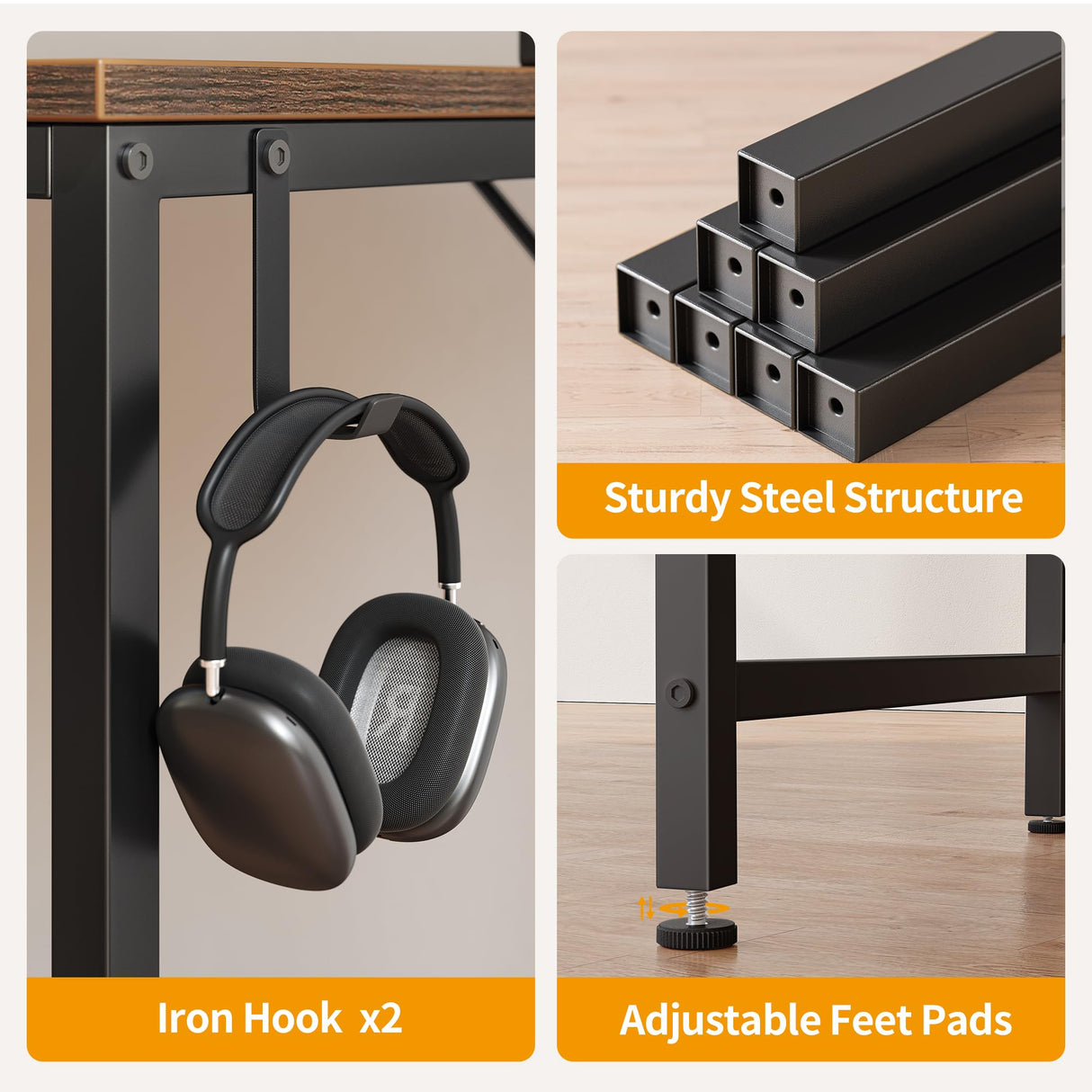 Corner Desk with Storage Shelves, 47 Inch Reversible L Shaped Desk with Bookshelf, Home Office Writing Desk with Hooks, Small L Study Table, Rustic Brown