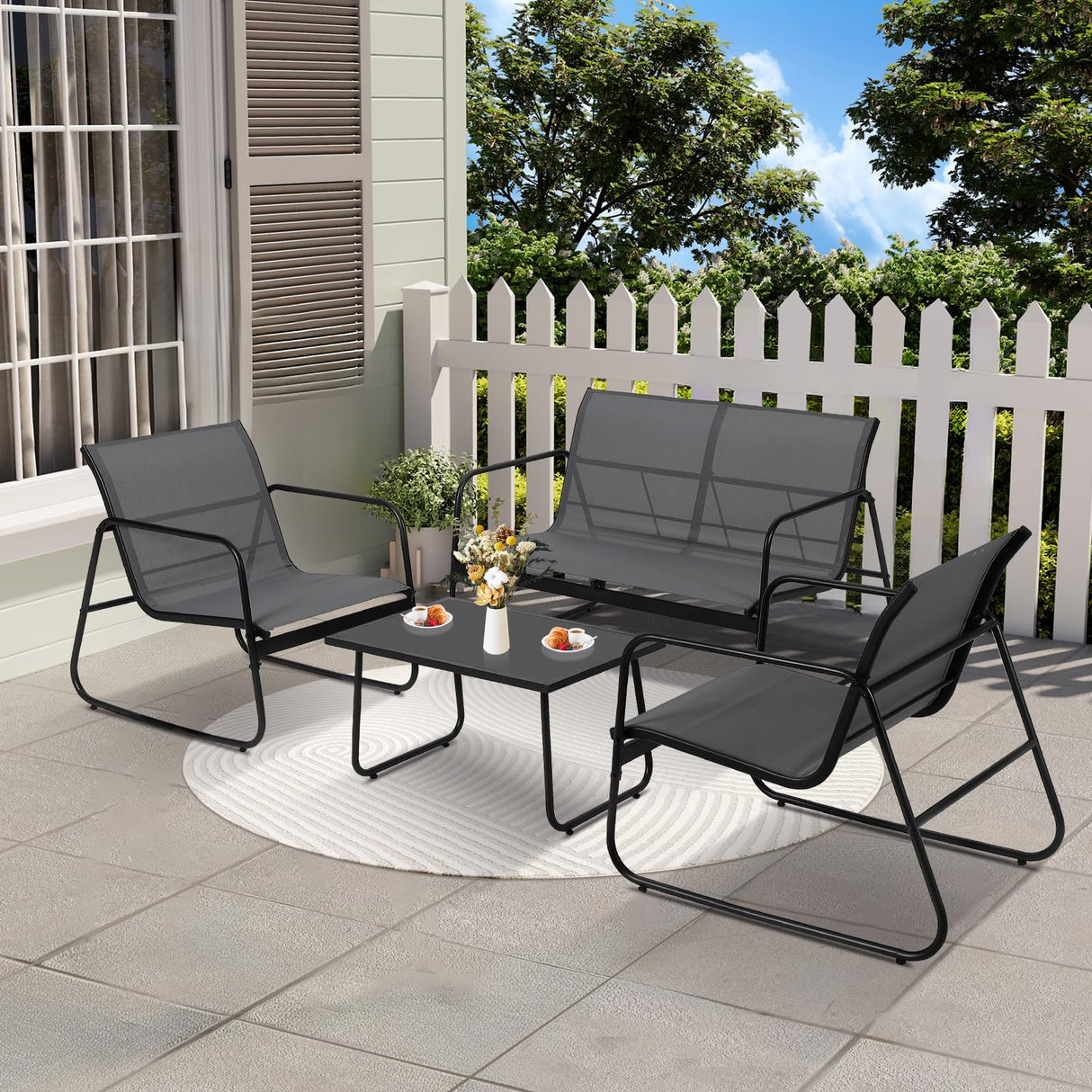 4 Pieces Outdoor Patio Furniture Set with Loveseat and 2 Textilene Fabric Chairs a Glass