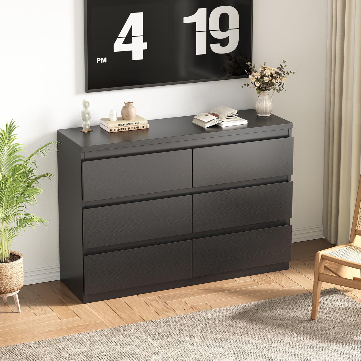 Black Dresser 6 Drawer Dresser for Bedroom, Simply Modern Chest of Drawers