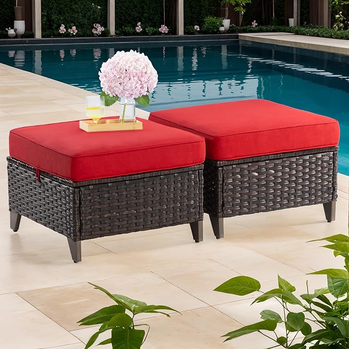 Patio Ottoman Set of 2, All Weather Outdoor Rattan Ottomans Patio Footstools