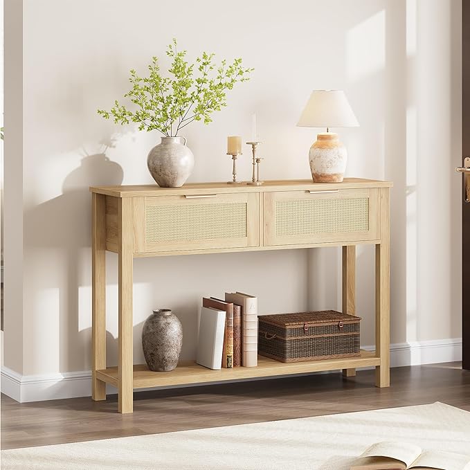 Console Table with 2 Drawers, Rattan Console Table for Entryway
