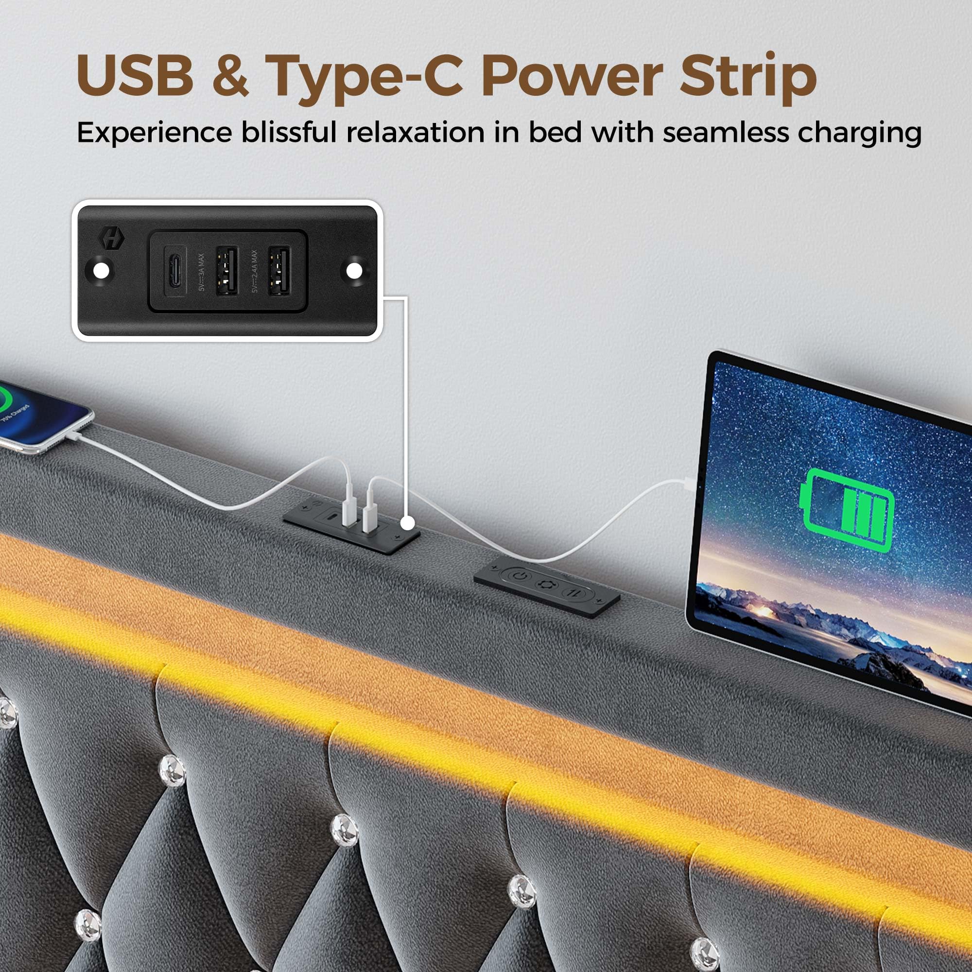 Rolanstar Full Bed Frame with LED Light and Charging Station, Upholstered High Headboard and Footboard, Wood Slats, Noise Free, Easy Assembly, Grey