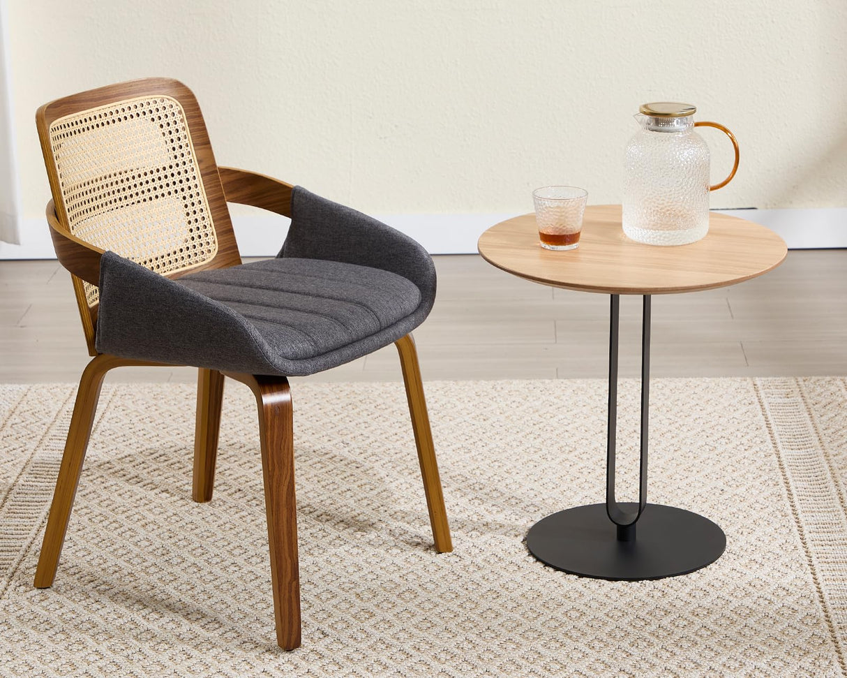 Modern Side Table, Round End Table with Black Metal Frame, Wood Nightstand Bedside Table for Small Spaces Living Room Bedroom Office, Natural Wood Color