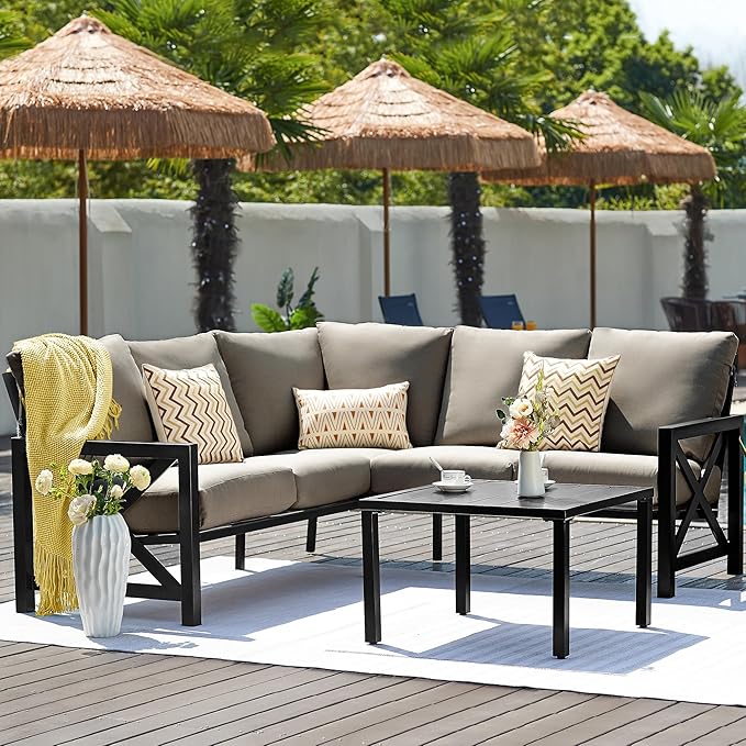 6 Pieces Patio Furniture Sets, Metal Outdoor Sectional Furniture L Shape Patio