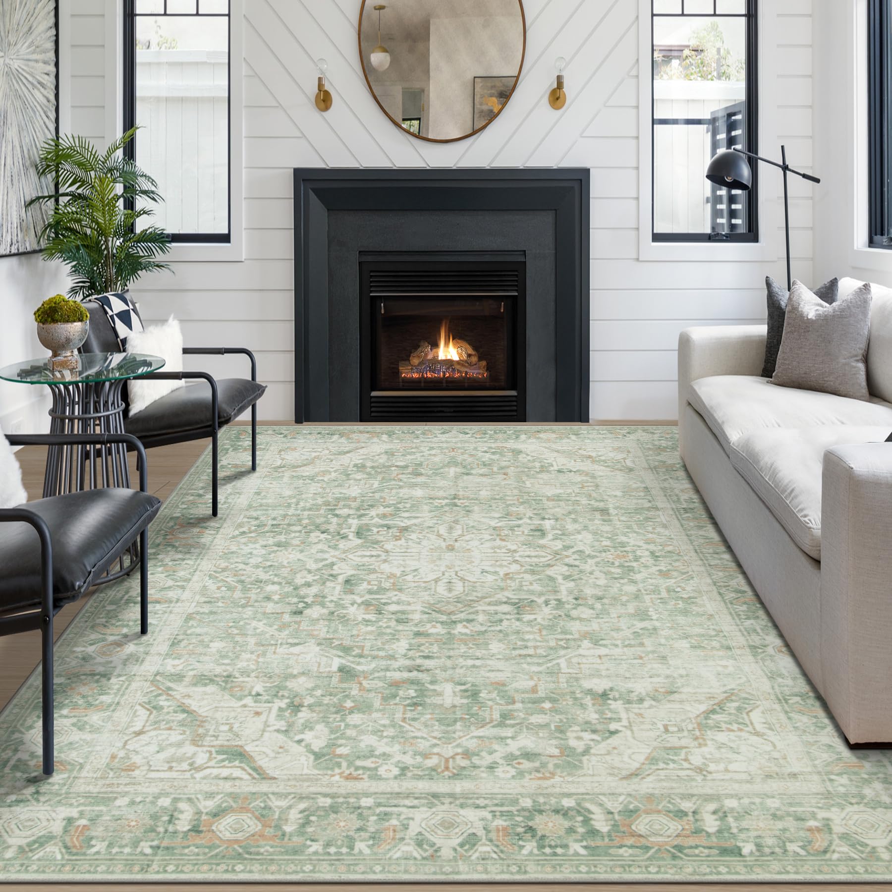 Washable Rugs 8x10 Area Rugs, Soft Vintage Living Room Rug e Nursery Entryway-Green