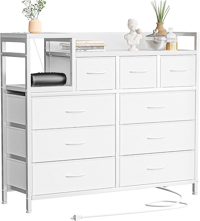 Dresser TV Stand with Power Outlet, Bedroom Dresser with 9 Drawers