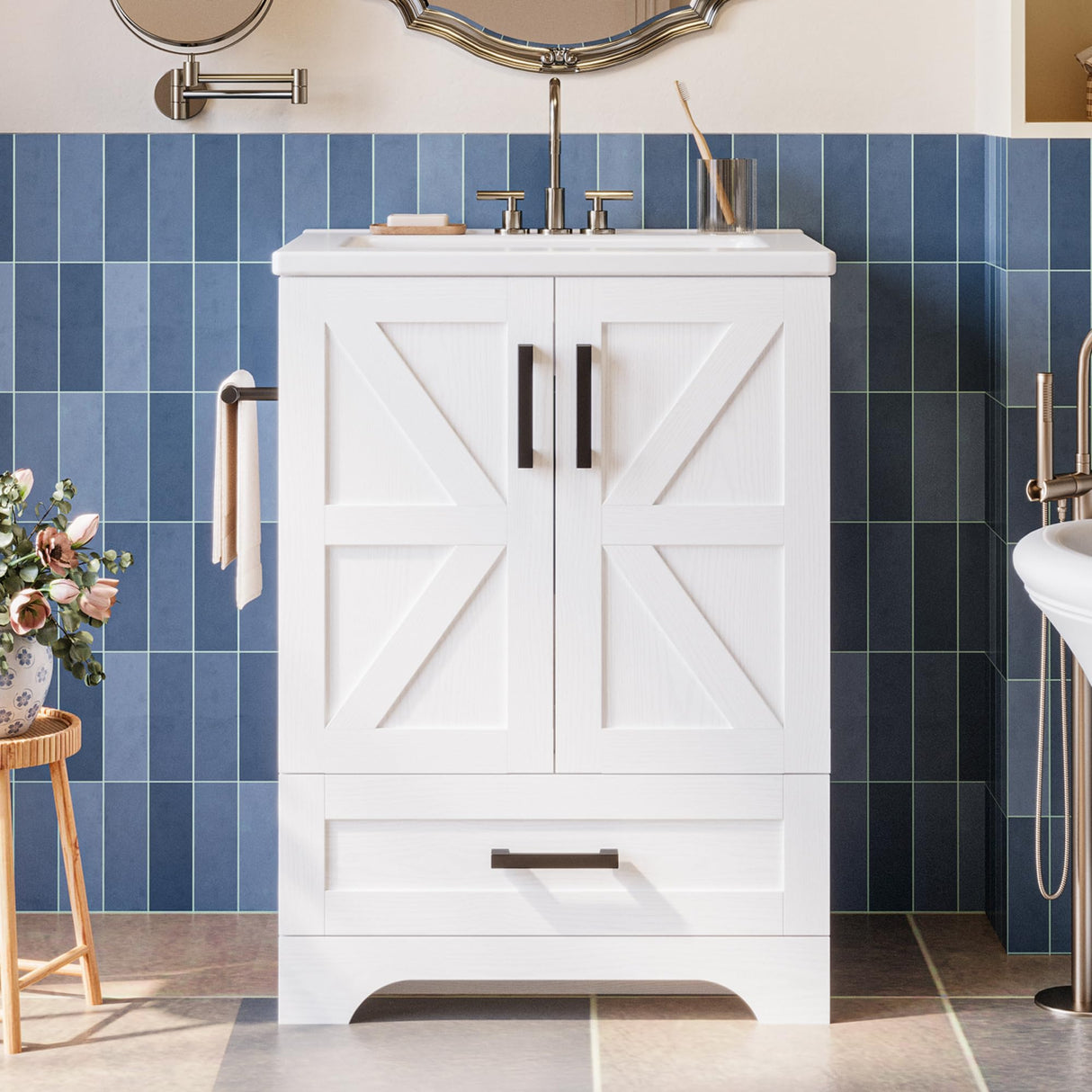 Bathroom Vanity with Sink, 24 Inch Farmhouse Bathroom Sink Cabinet with Drawer