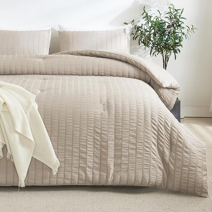 King Size Comforter Set White, 3 Pieces Seersucker Bedding Comforter Sets
