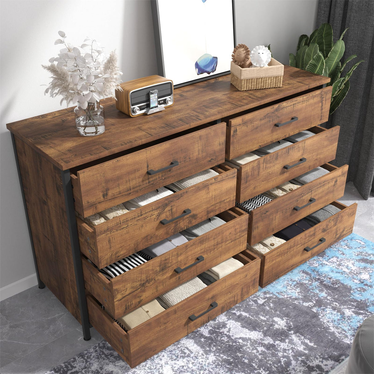 8 Drawer Double Dresser, 55 inch Industrial Wood Storage Dressers & Chests of Drawers