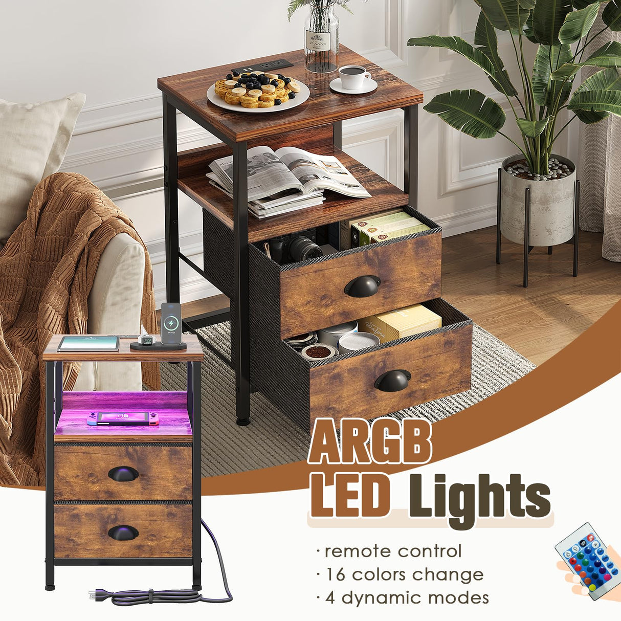Nightstand with Charging Station,End Table with LED Light for Bedroom