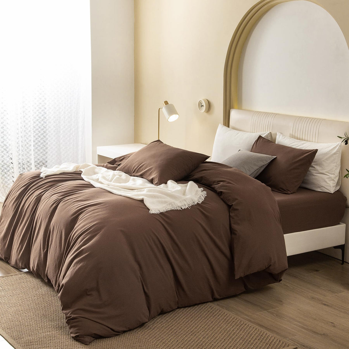 Durable Linen Feel Bedding for All Seasons King, Solid Chocolate Brown