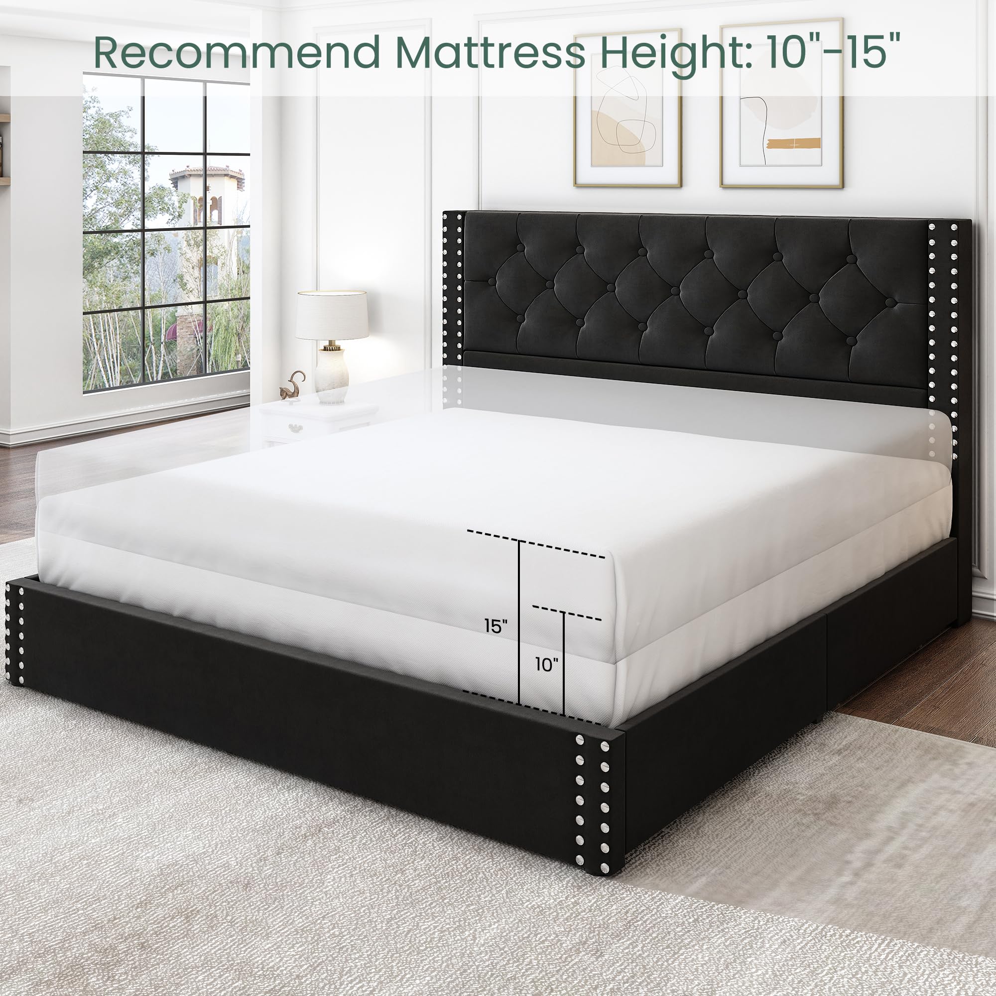 LARMACE Queen Size Upholstered Bed Frame with Storage Velvet Platform Tufted Bed Frame with 4 Drawers and Headboard, Wood Slats Support, No Box Spring Required, Noise-Free, Black