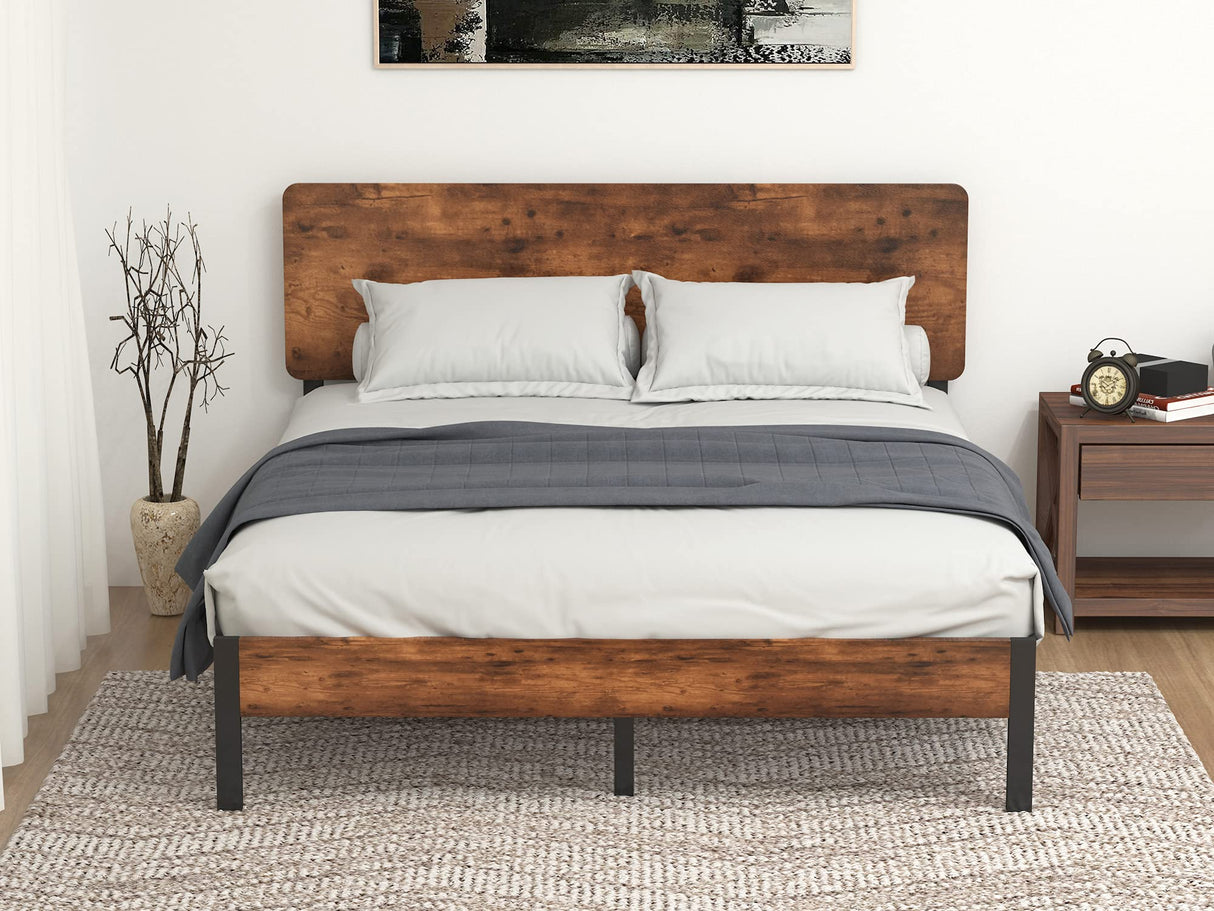 Bed Frame with Wood headboard and Metal Slats/Rustic Country Style Mattress Foundation
