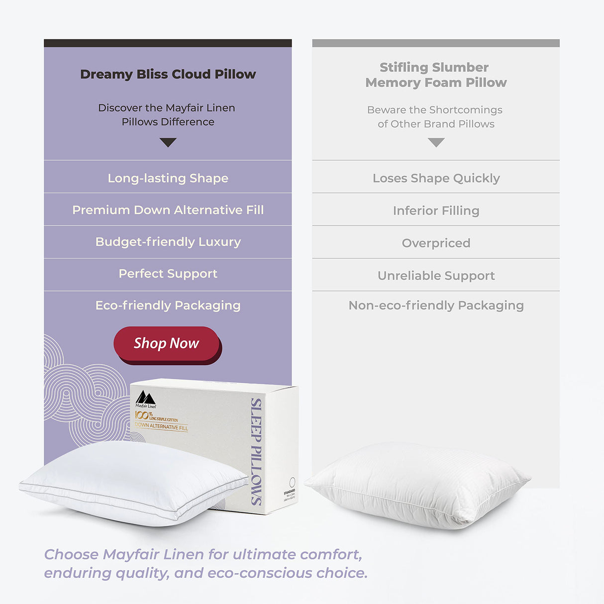 Queen Size Set of 2 - Down Alternative Queen Bed Pillows