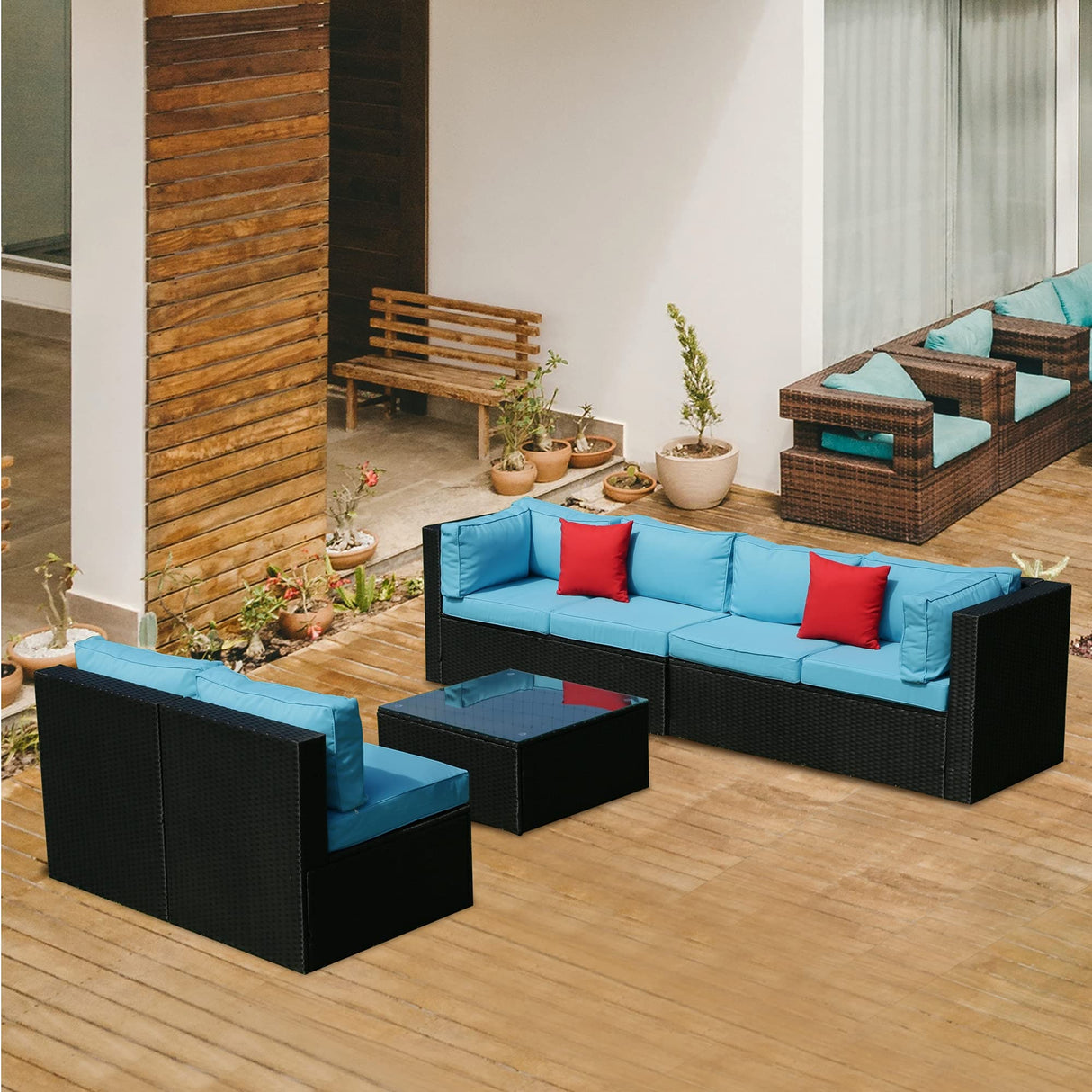 5 Pieces PE Rattan Sectional Outdoor Furniture Set with Cushions and Pillows