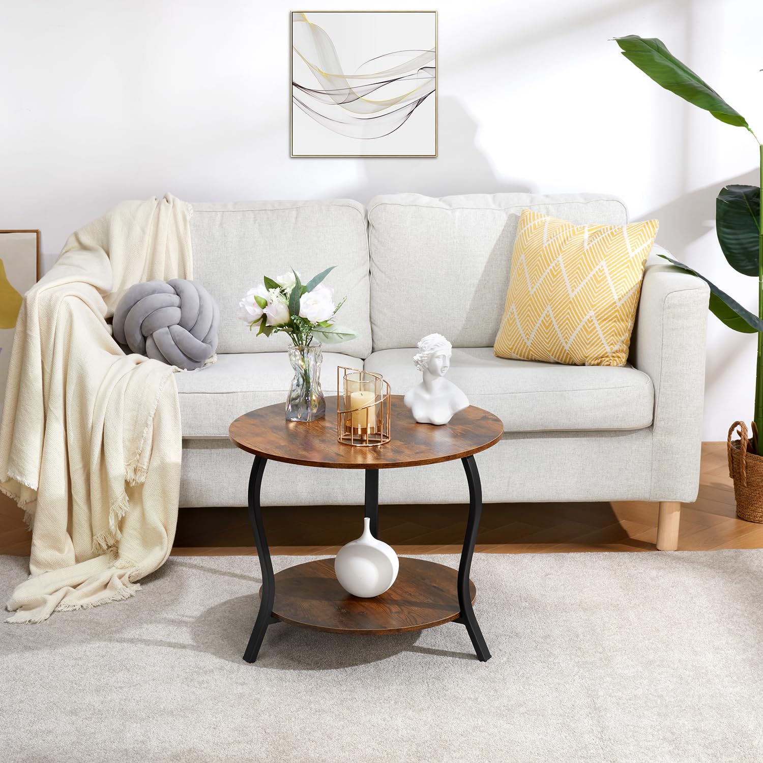 Small Round Coffee Table with Open Storage,23" 2-Tier Coffee Side Tables