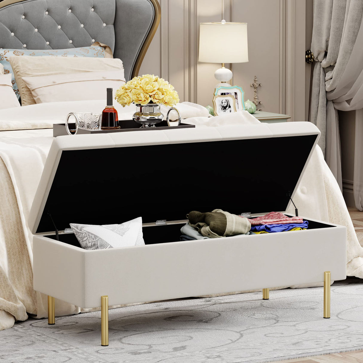 Velvet Storage Bench, Modern Bedroom Bench