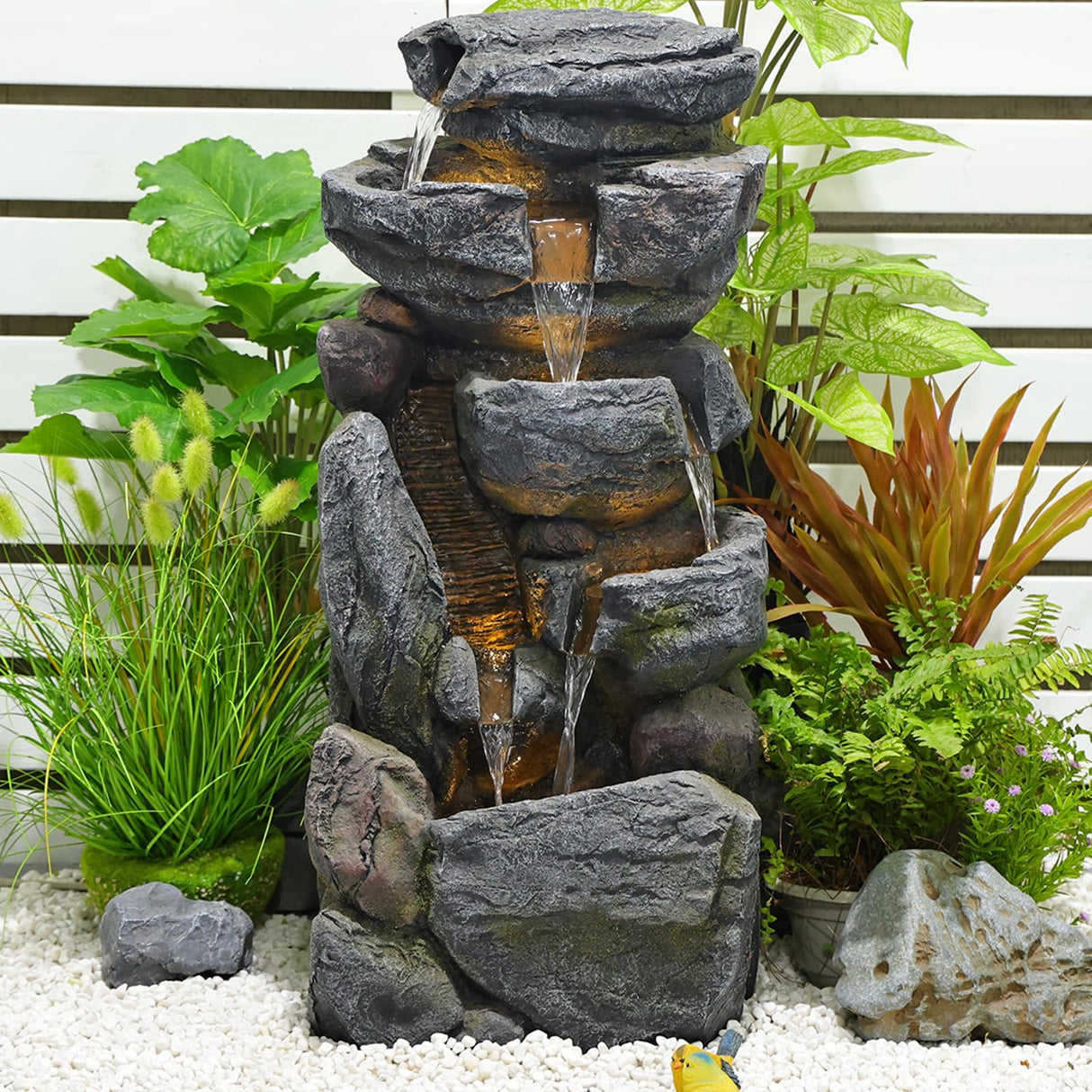 5-Tiered Rock Water Fountain Outdoor Garden - 31.5”Waterfall Fountain Outdoor Water