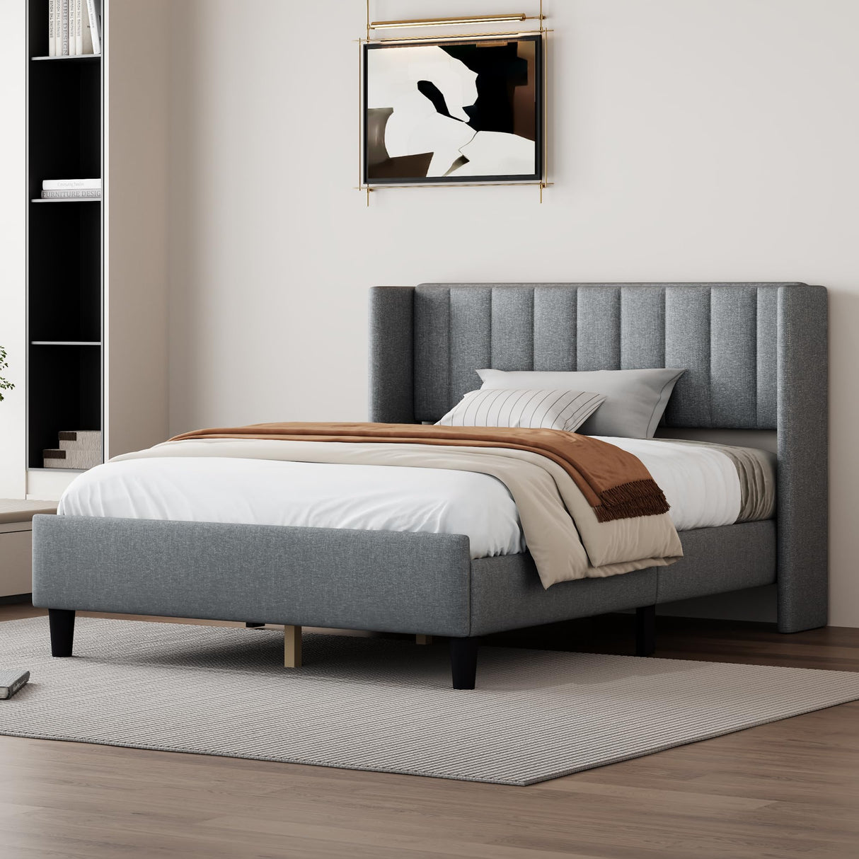Bed Frame Queen Upholstered Platform Bed with Fabric Headboard