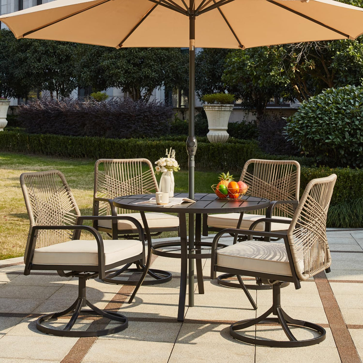 5-Piece Outdoor Dining Set, 4 Swivel Rattan Chairs