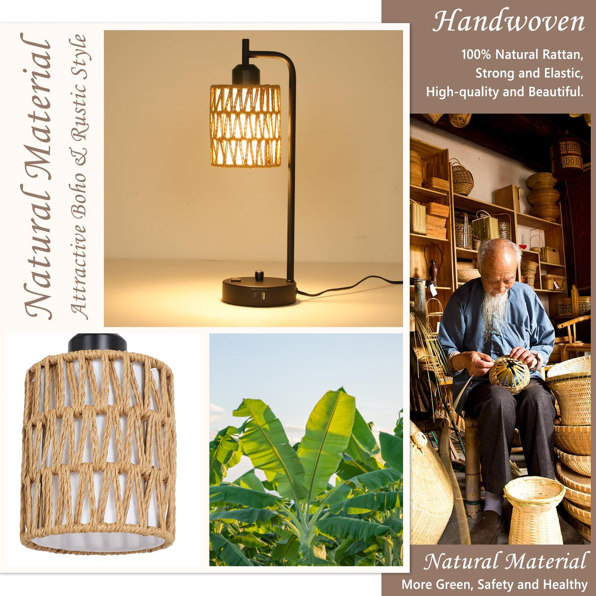 Rattan Table Lamps for Living Room Set of 2, Boho Bedside Lamps with LED Bulbs