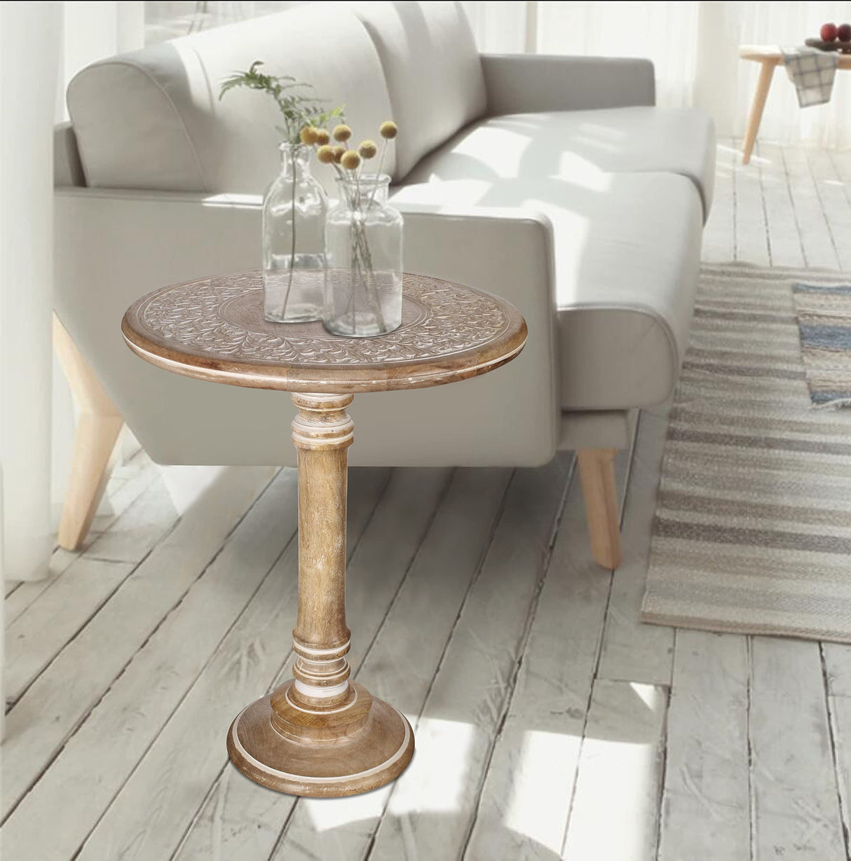 Carved Round End Table with Single Pillar, Unique Accent Piece for Living Room