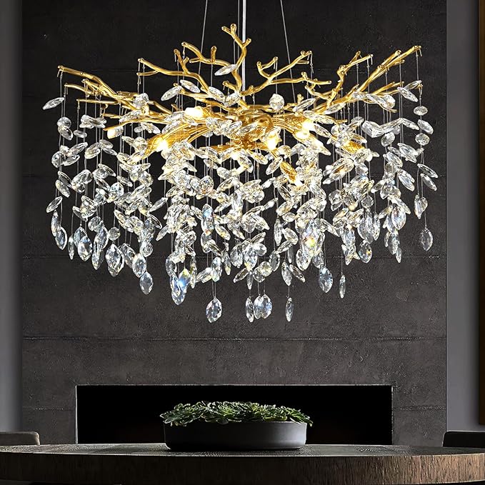 Modern Crystal Chandeliers for Dining Room, 40" Round Gold Tree Branches Chandeliers