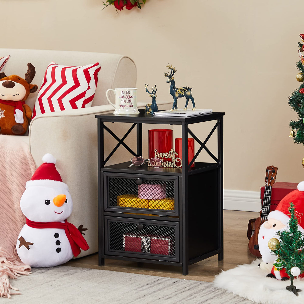 End Side Table, Modern Night Stand with Storage Space and Door, Set of 2 Nightstands