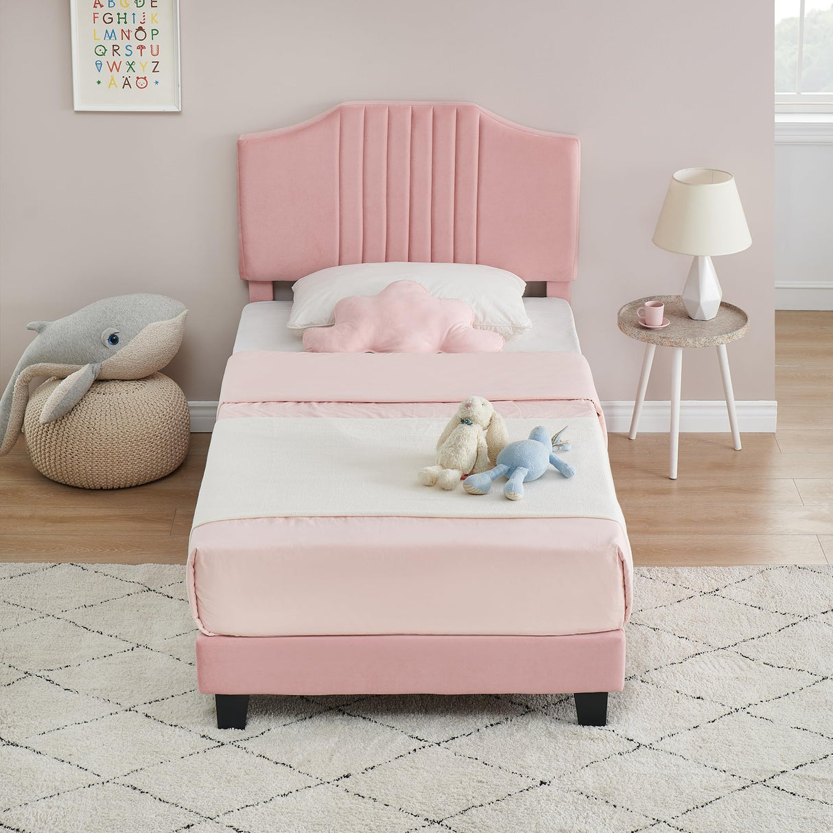 Twin Bed Frame for Girls, Velvet Upholstered Bed Frame for Girls, Princess Bed Frame Wooden Slats Suppor
