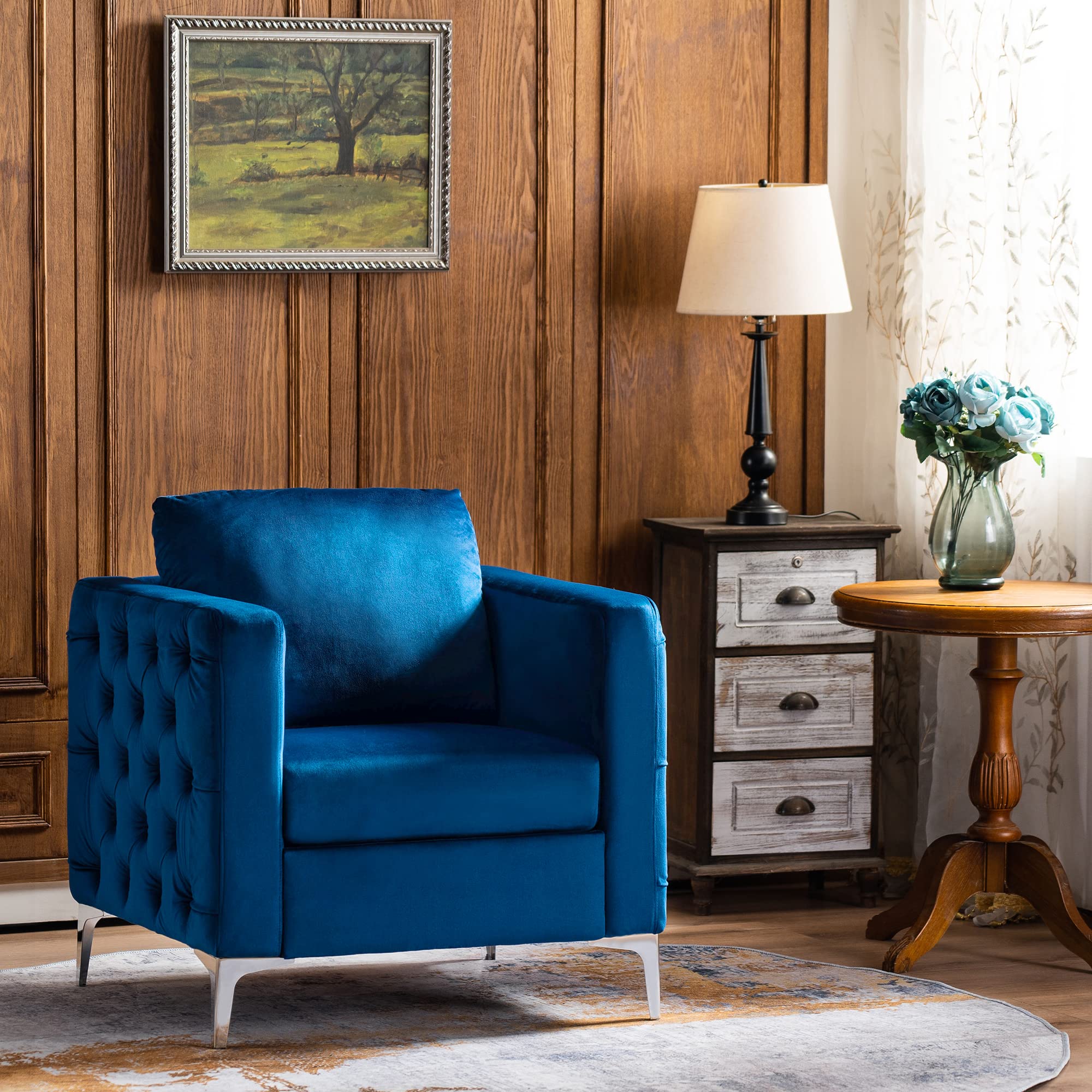 Chair, Tufted Barrel Armchair, Upholstered Single Sofa for Small Spaces, Living Room, Office Reception, Fabric 4066 (Blue)