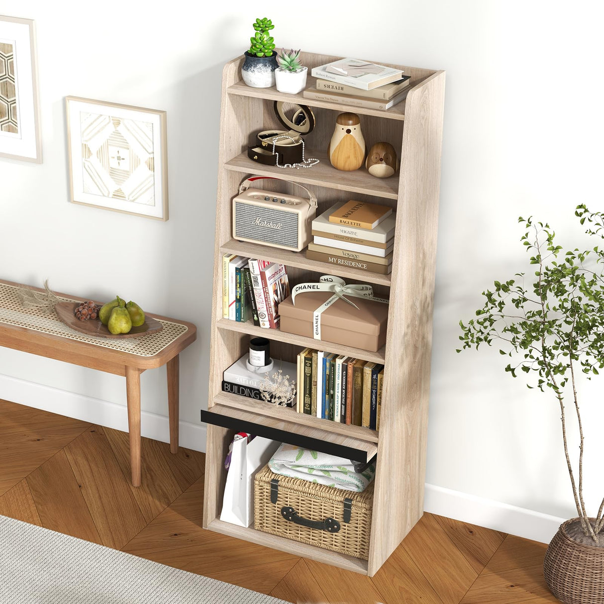 Tier Bookcase, Modern Bookshelf w/ 2 Adjustable Shelves & Flip-up Door, Wood Storage