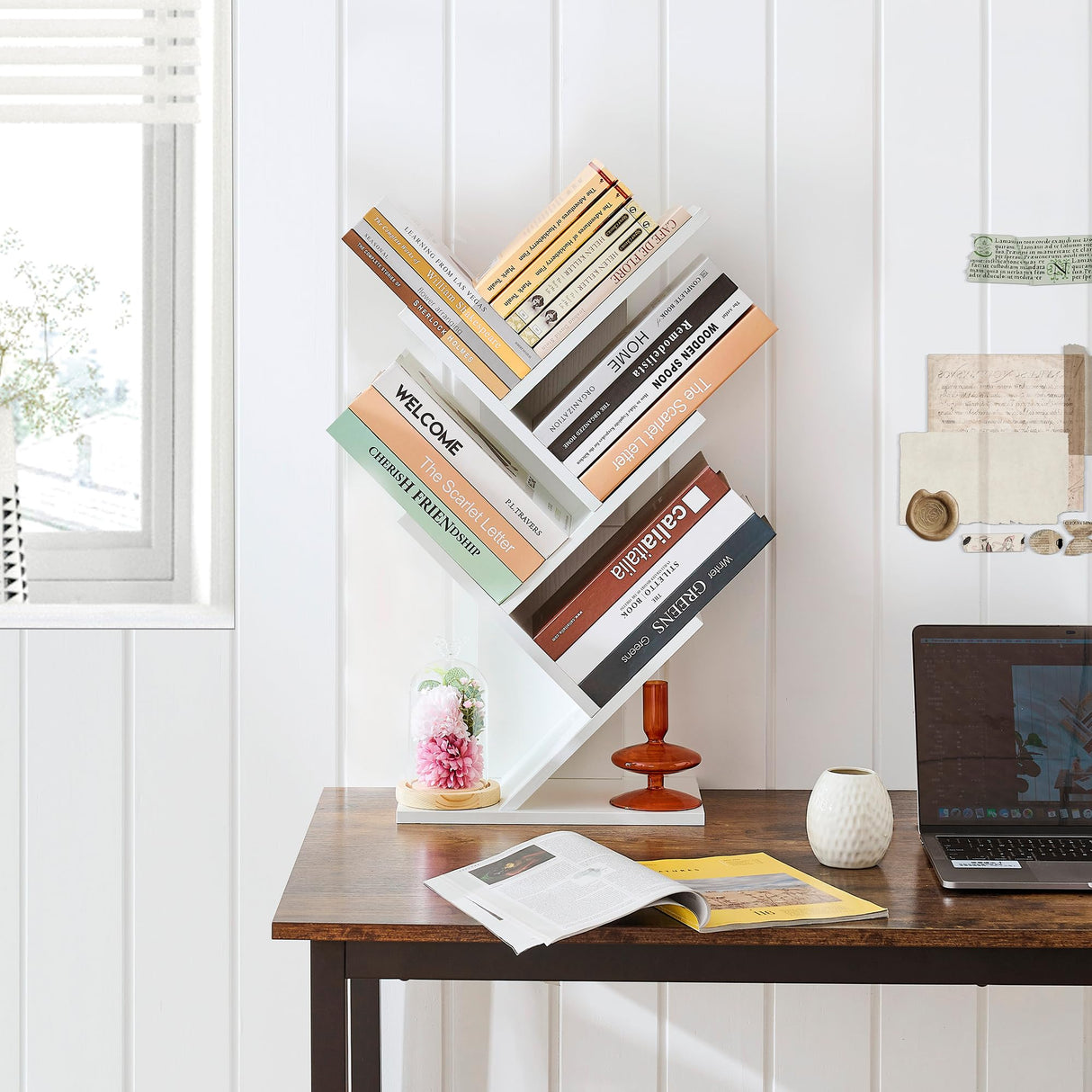 Hoctieon 4 Tier Tree Bookshelf, Small Bookcase, Free Standing Tree Bookcase, Bookshelf for Bedroom, Book Shelf Organizer, Small Bookshelf, White