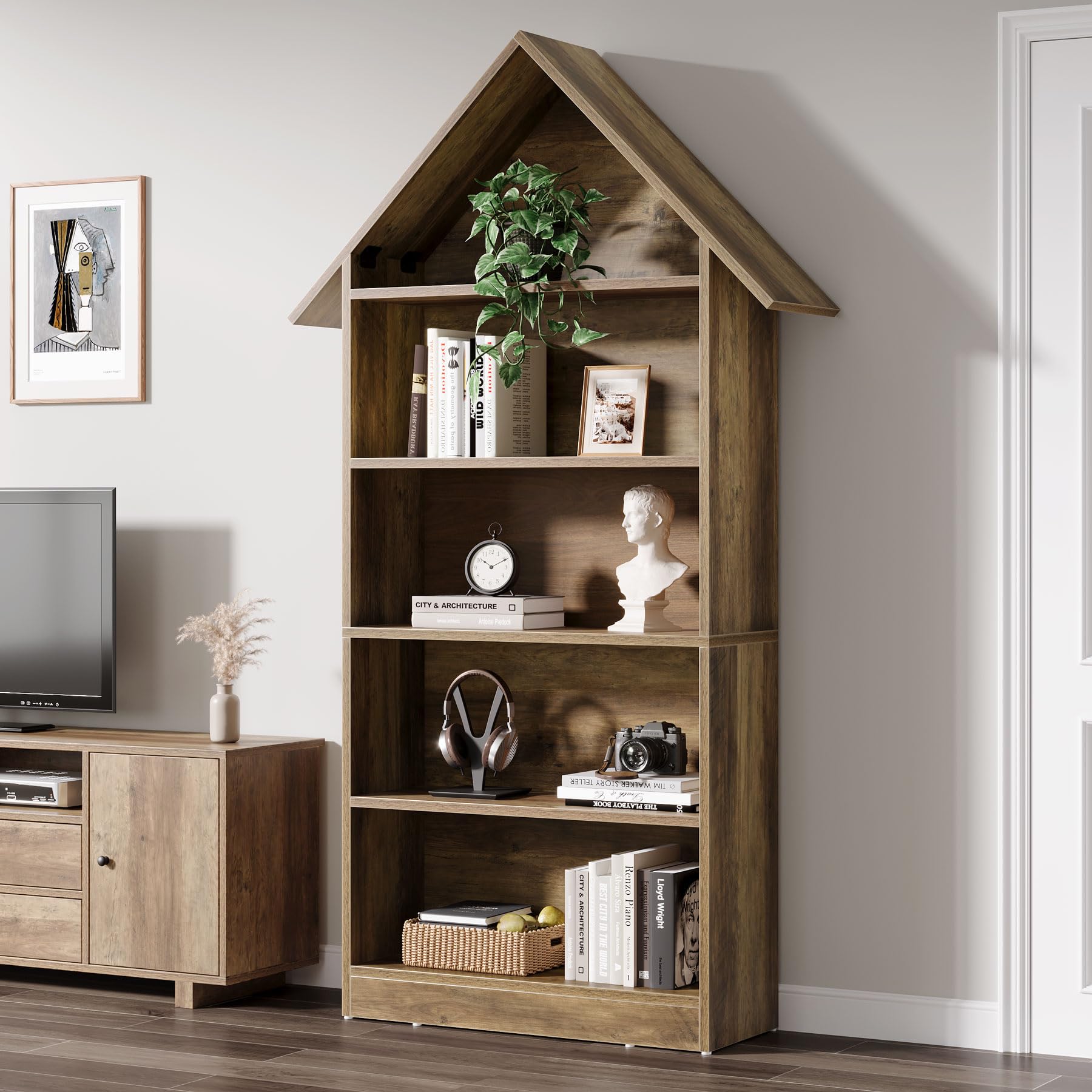 Tribesigns Wood Etagere Bookcase Tall Arch Bookshelf with Five Open Storage Organizer for Living Room Home Office, 5 Tier Books Case Book Shelf Floor Standing Display Shelves for Bedroom, Rustic Brown