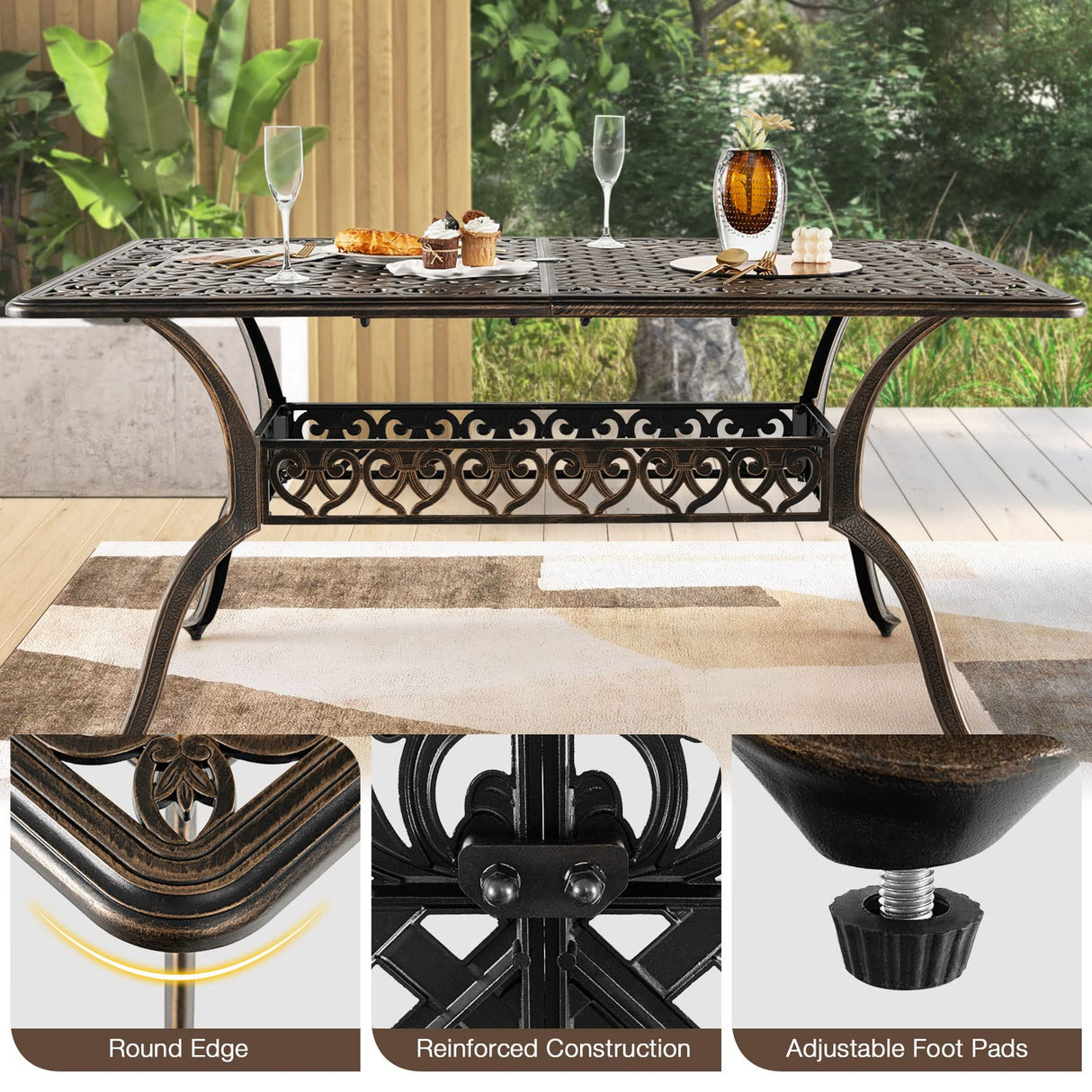 Tangkula 59 Inches Outdoor Dining Table, All-Weather Cast Aluminum Table