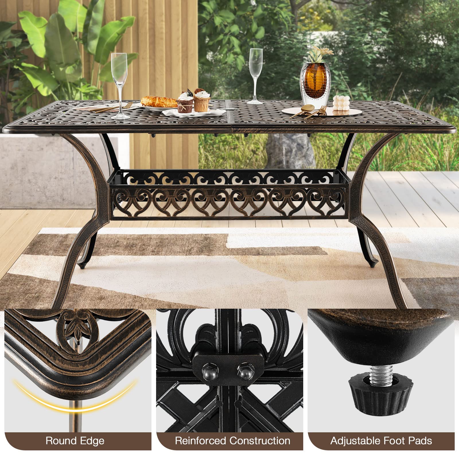 Tangkula 59 Inches Outdoor Dining Table, All-Weather Cast Aluminum Table