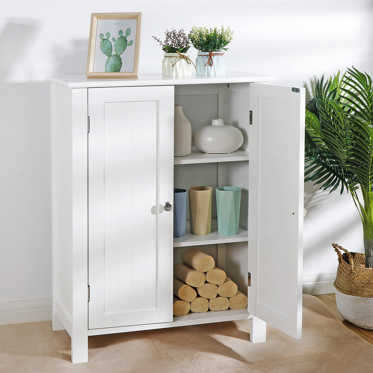 Bathroom Floor Storage Cabinet, Stand Wooden Side Organizer Cabinet