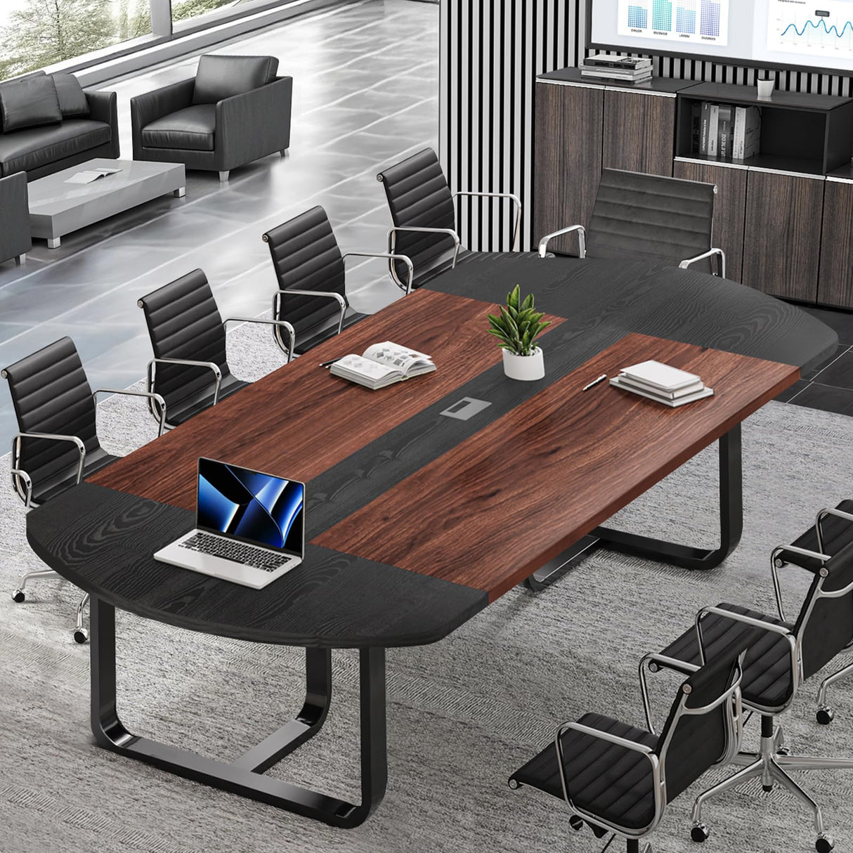 Conference Table for 10 People, Large Boat Shaped Meeting Table with Cable Grommet