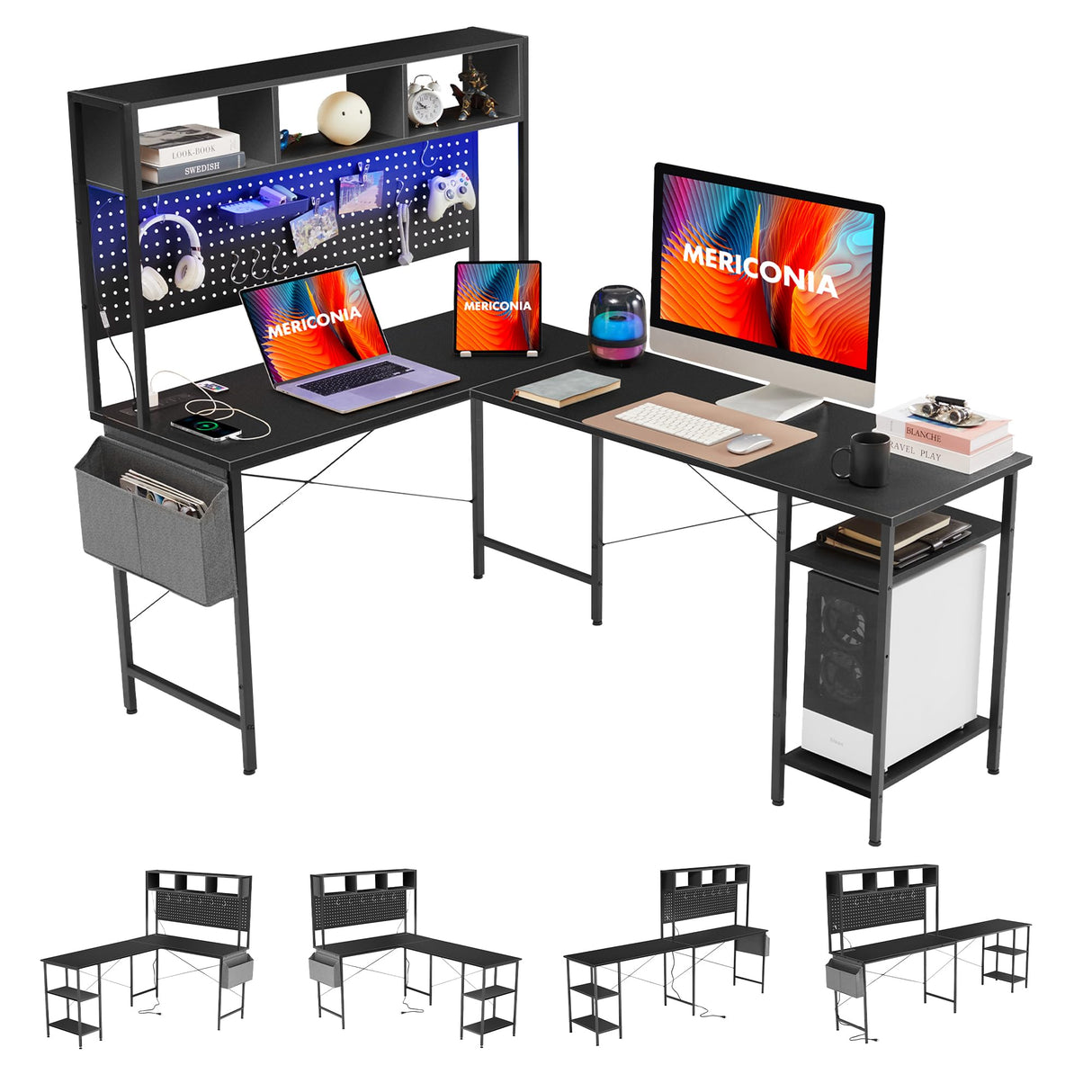 L Shaped Gaming Desk, 66 Inch Large Computer Desk with Power Outlet and Pegboard