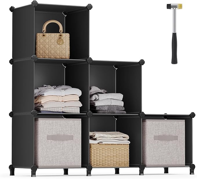 6 Cube Storage Organizer, DIY Closet Shelf, Plastic Clothes Organizer, Modular Bookcase, 11.8 x 11.8 x 11.8 Inch Cubes, with Feet and Rubber Mallet, Black ULPC06H