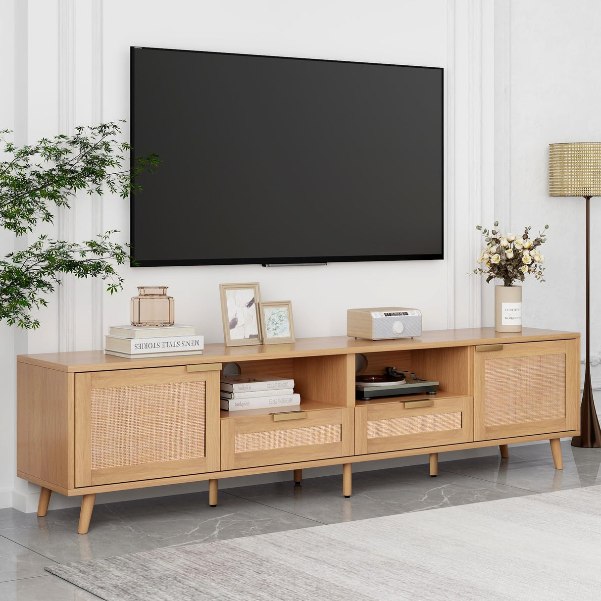 Rattan TV Stand for TVs up to 85'', Modern Farmhouse Media Console