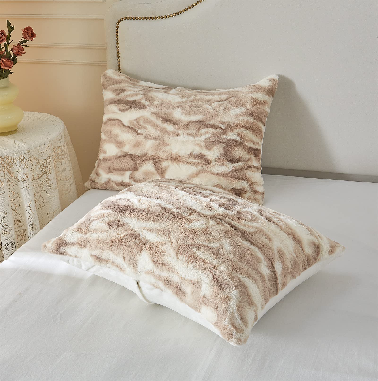 Faux Fur Comforter Set King Size, 3 Pieces Ultra Soft Marbled Beige Fluffy Comforter