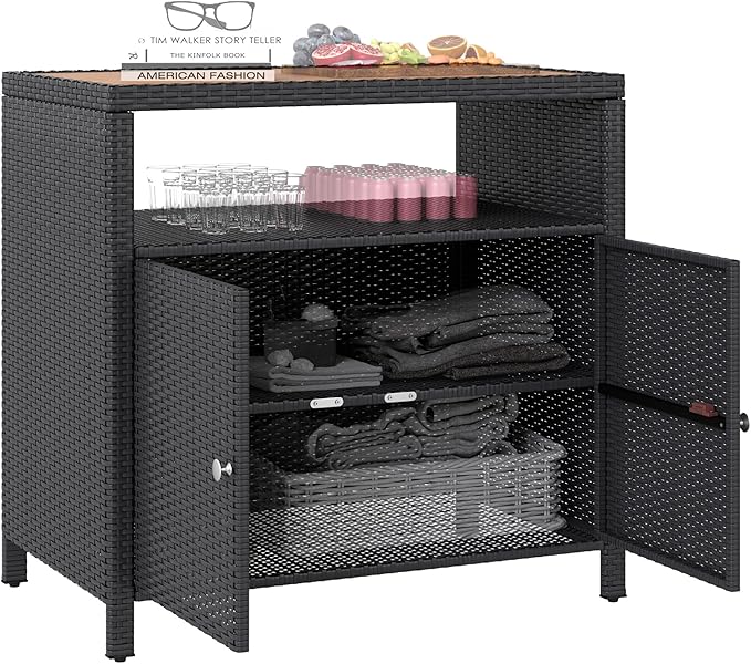 Wicker Outdoor Storage Cabinet, Rattan Outdoor Bar Table with Acacia Wood Countertop