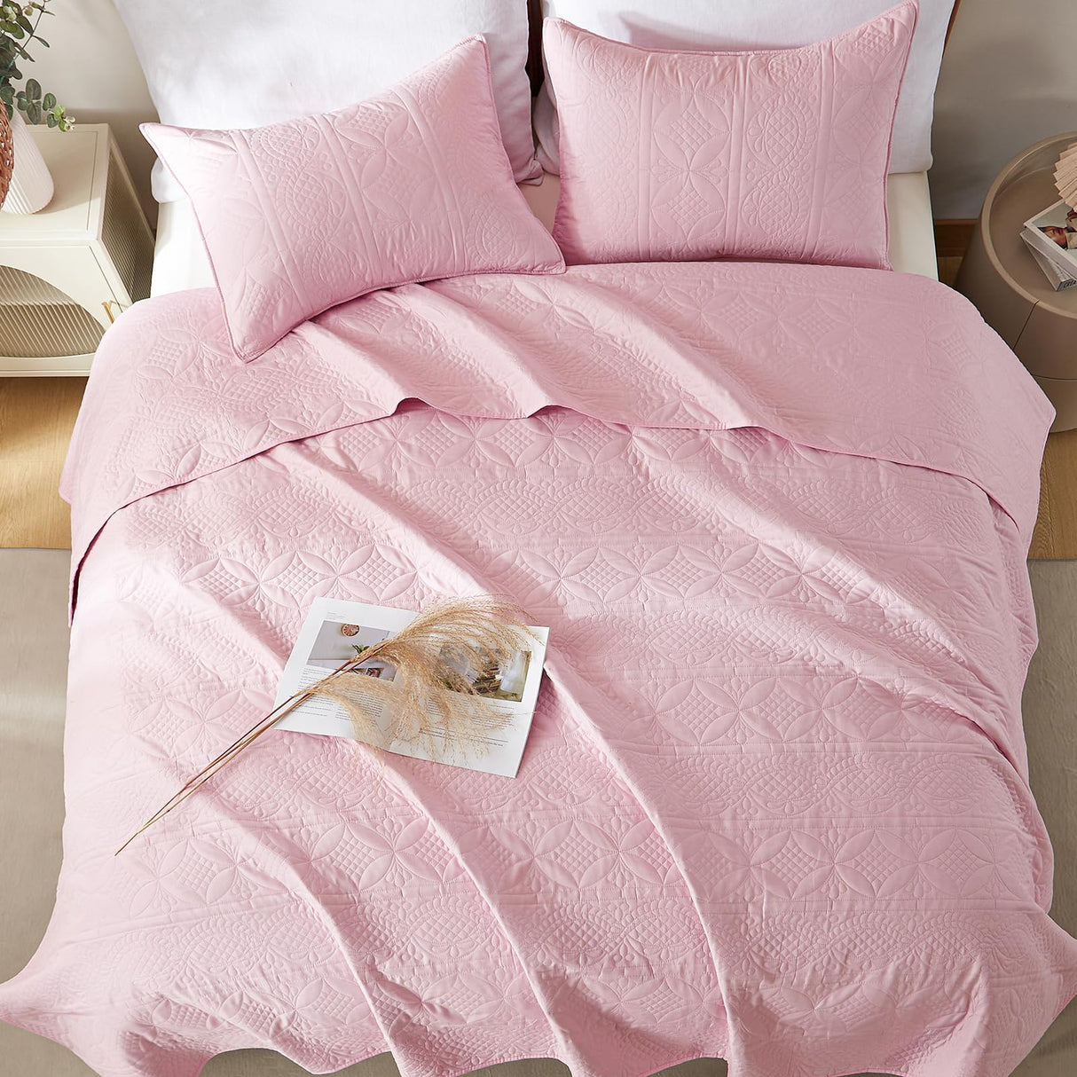 Pink Quilt Set Queen Size, Bohemian Queen Quilt Set for All Season