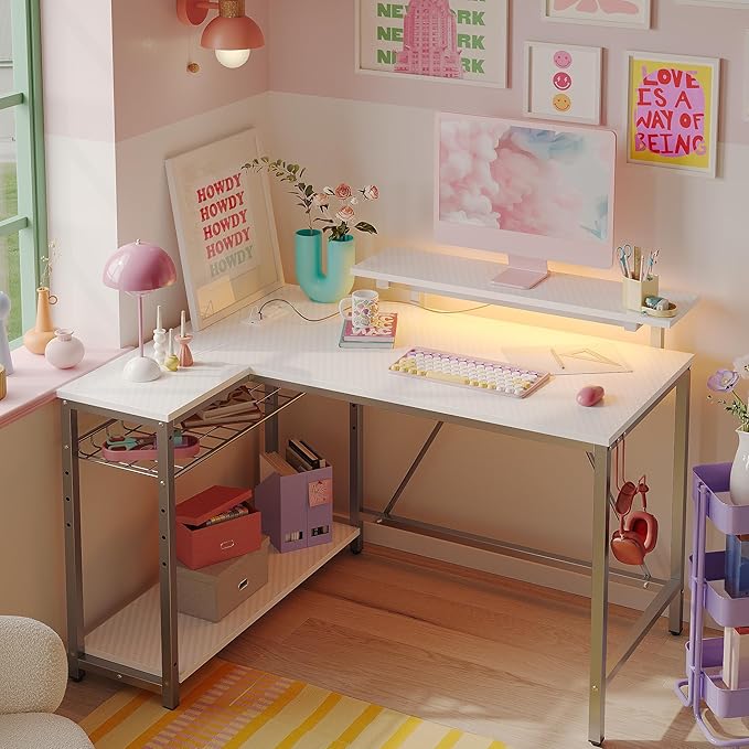 Gaming Desk with Power Outlets, 42" L-Shaped Gaming Desk with LED Lights