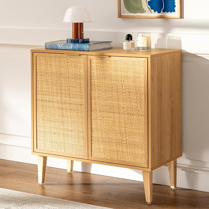 Accent Storage Cabinet Set of 2 Sideboard with Rattan Doors, Boho Buffet Kitchen Bar