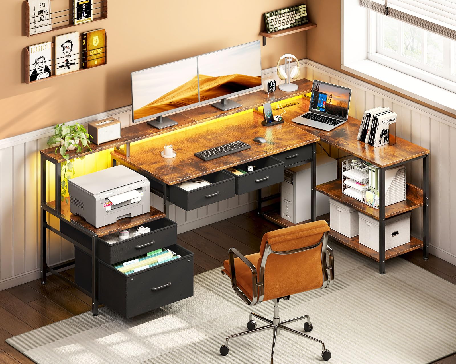 Shaped Desk with 5 File Drawers, 66" Reversible L Shaped Computer Desk with Power
